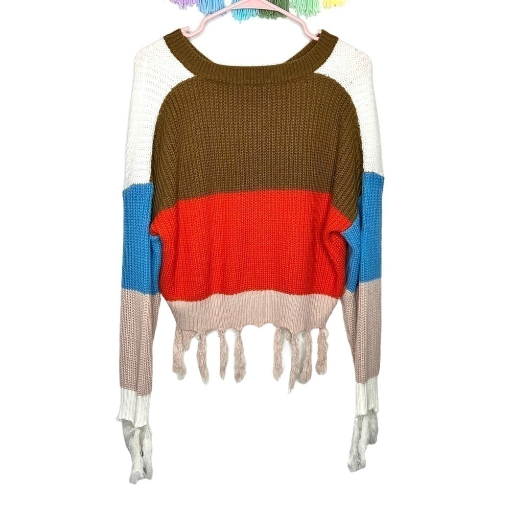 Shein V-Neck Colorblock Blue Orange Drop Shoulder Fringe Hem Sweater Size Medium - Picture 11 of 16
